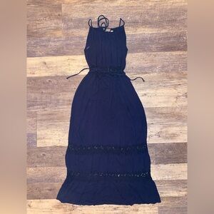 No Boundaries Dark Blue Maxi Dress with Lace Accents